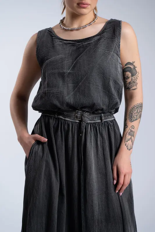 Φόρεμα Βαμβακερό Αμάνικο Λάστιχο Ζώνη