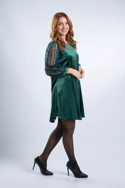 Φόρεμα Velvet Δαντέλα Μανίκια Κυπαρισσί