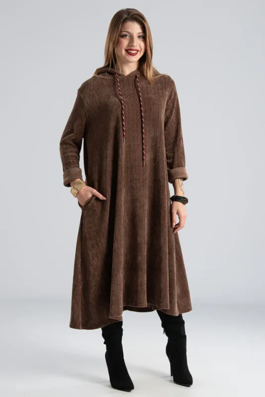 Φόρεμα Velvet Κοτλέ Ανάγλυφο Κουκούλα