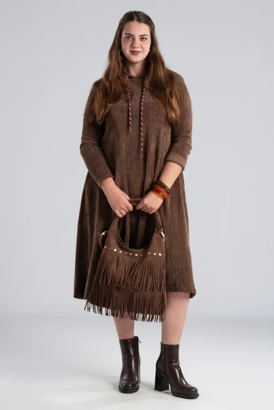 Velvet Conduroy Dress Embossed Hood