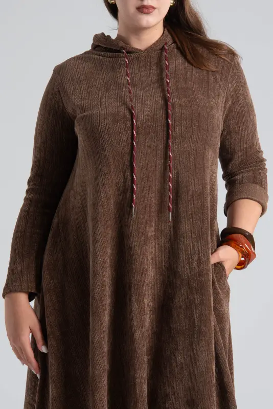 Velvet Conduroy Dress Embossed Hood