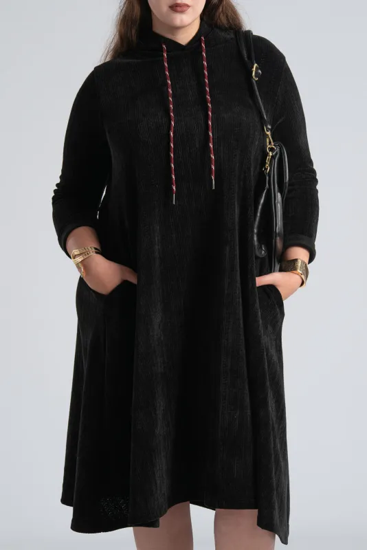 Velvet Conduroy Dress Embossed Hood
