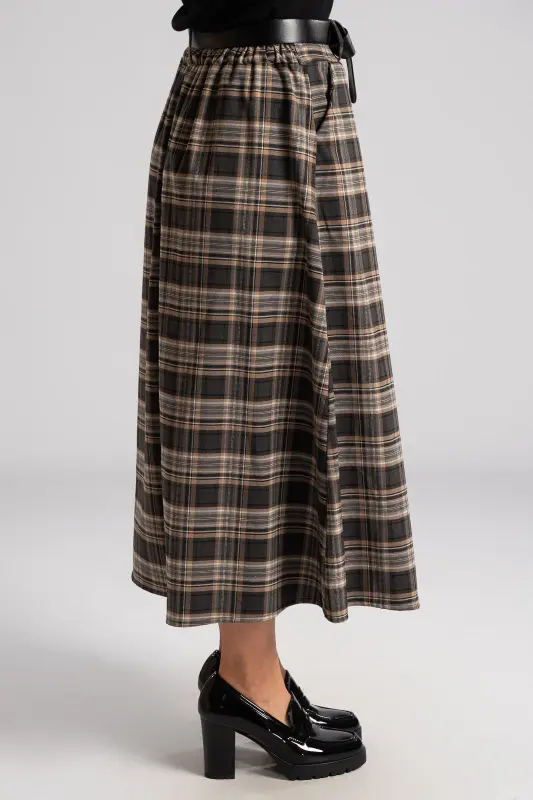 Φούστα Καρό Midi Δερματίνη Ζώνη