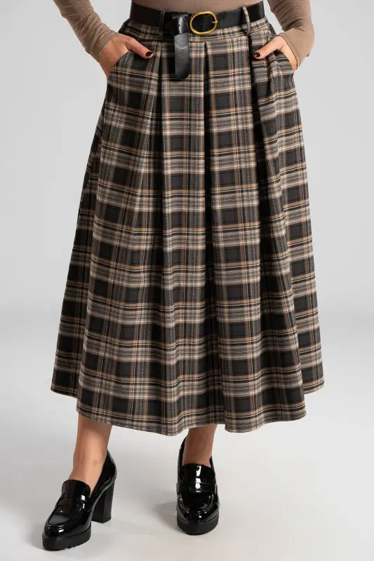 Φούστα Καρό Midi Δερματίνη Ζώνη