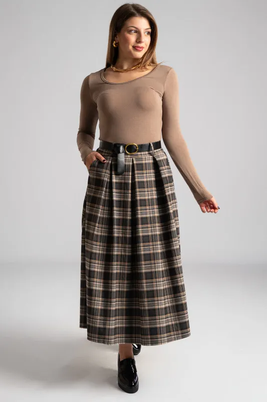 Φούστα Καρό Midi Δερματίνη Ζώνη