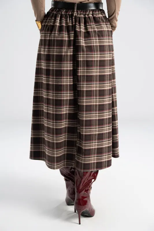 Φούστα Καρό Midi Δερματίνη Ζώνη