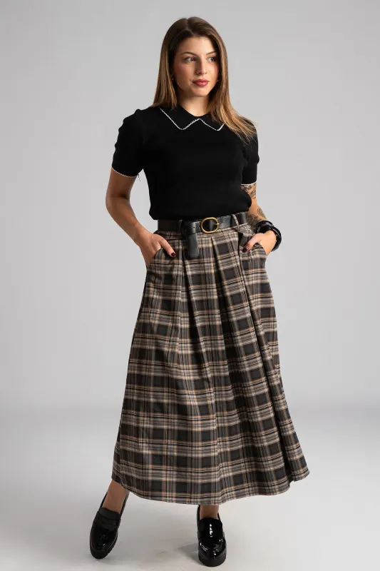 Φούστα Καρό Midi Δερματίνη Ζώνη