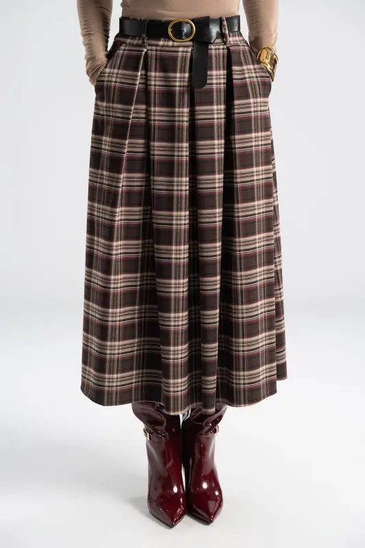 Φούστα Καρό Midi Δερματίνη Ζώνη