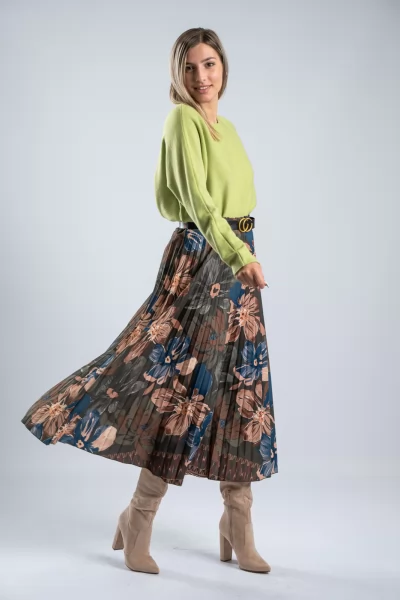 Φούστα Midi Floral Πλισέ Χακί