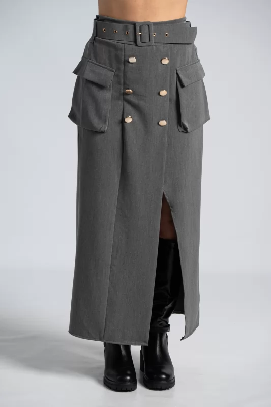 Midi Skirt Gold Buttons Grey
