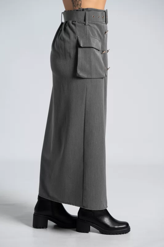 Midi Skirt Gold Buttons Grey