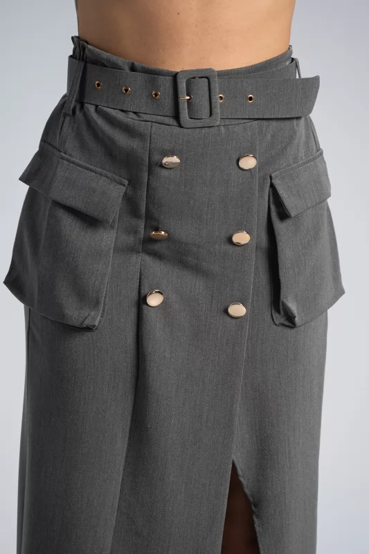 Midi Skirt Gold Buttons Grey
