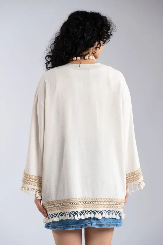Kimono Embroidered Details Fringes 