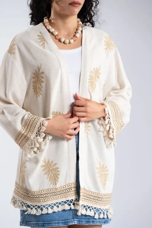 Kimono Embroidered Details Fringes 
