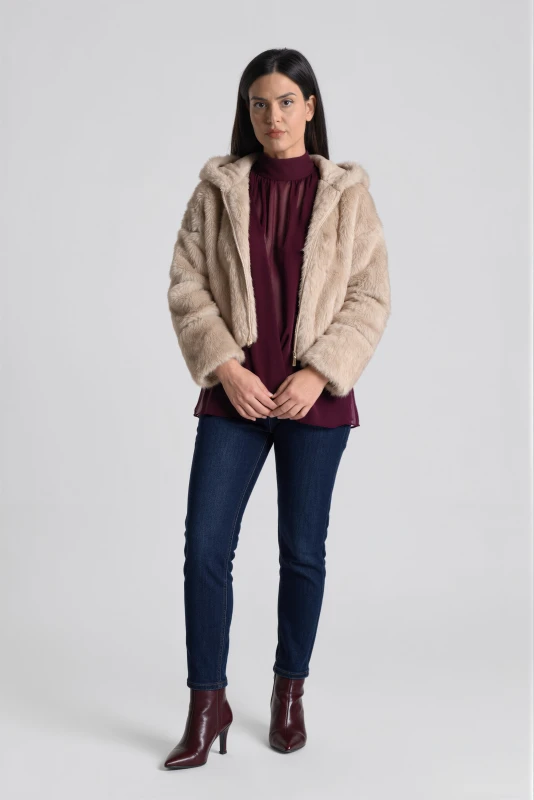 Κοντό Γούνινο Jacket Κουκούλα