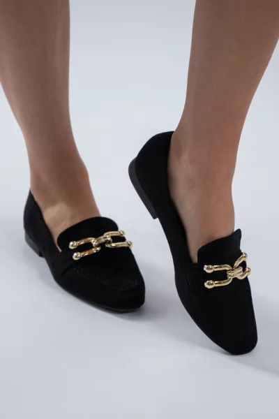 Loafers Σουέτ Χρυσή Αγκράφα Μαύρα