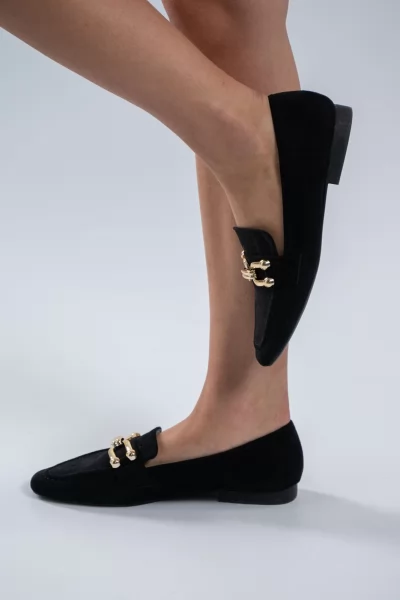 Loafers Σουέτ Χρυσή Αγκράφα Μαύρα