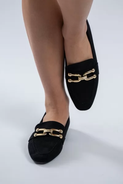 Loafers Σουέτ Χρυσή Αγκράφα Μαύρα
