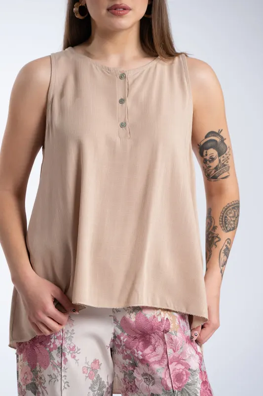 Blouse Sleeveless Asymmetrical With Buttons