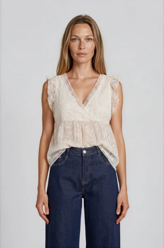 Blouse Sleeveless Lace V-Neck 