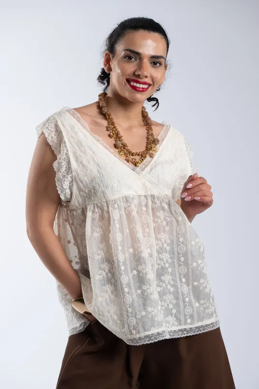 Μπλούζα Αμάνικη Δαντέλα V Λαιμόκοψη