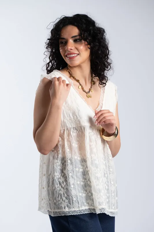 Μπλούζα Αμάνικη Δαντέλα V Λαιμόκοψη