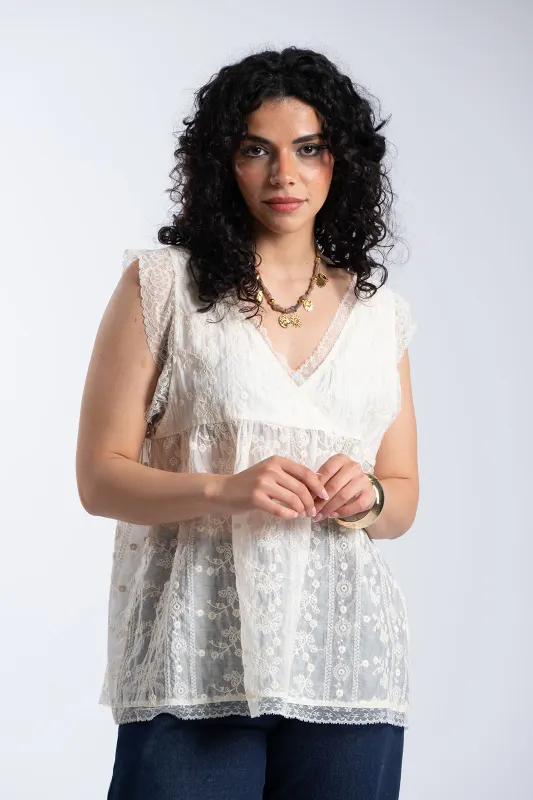 Sleeveless Lace Blouse V-Neck 