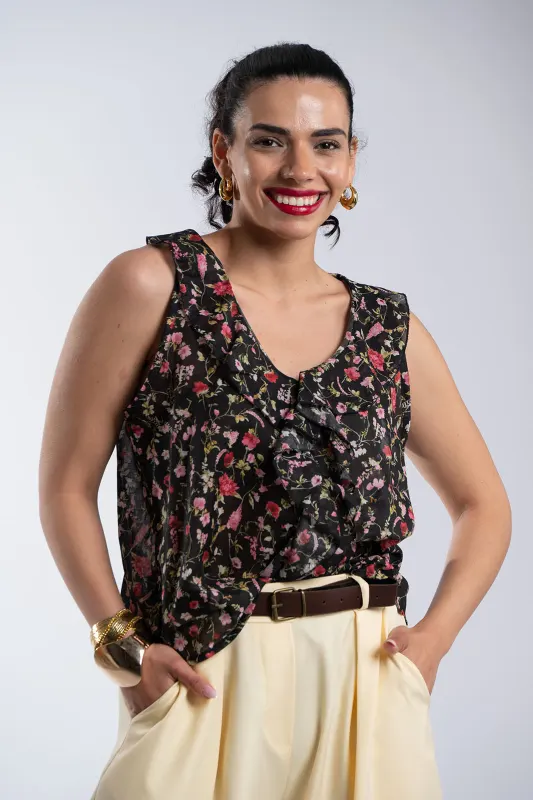 Sleeveless Floral Ruffle Blouse