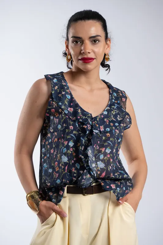 Sleeveless Floral Ruffle Blouse