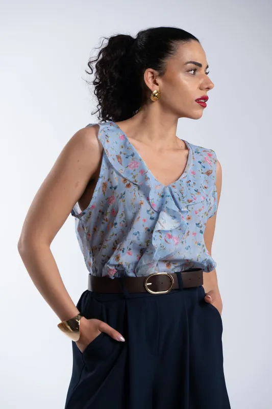 Sleeveless Floral Ruffle Blouse