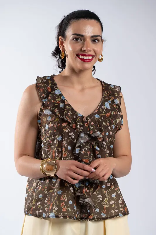 Sleeveless Floral Ruffle Blouse