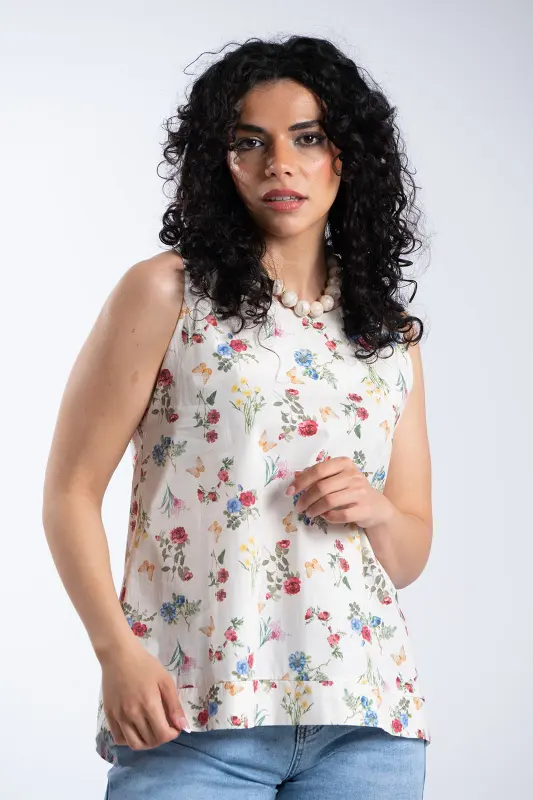 Sleeveless Blouse Flowers Butterflies