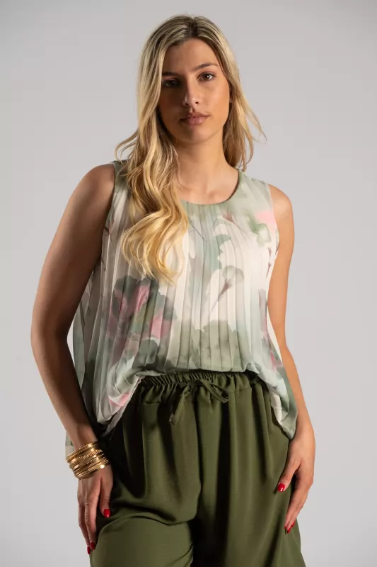 Blouse Sleeveless Pleated Floral
