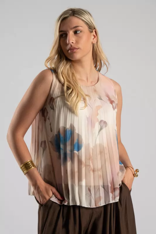 Blouse Sleeveless Pleated Floral