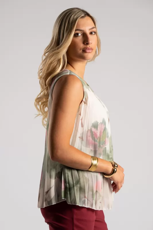 Blouse Sleeveless Pleated Floral