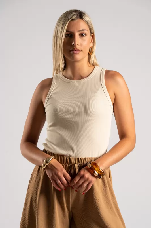 Blouse Sleeveless Rib Solid Color