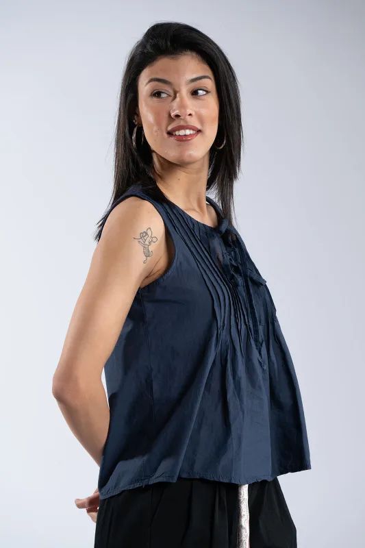 Sleeveless Cotton Blouse Bow Details 