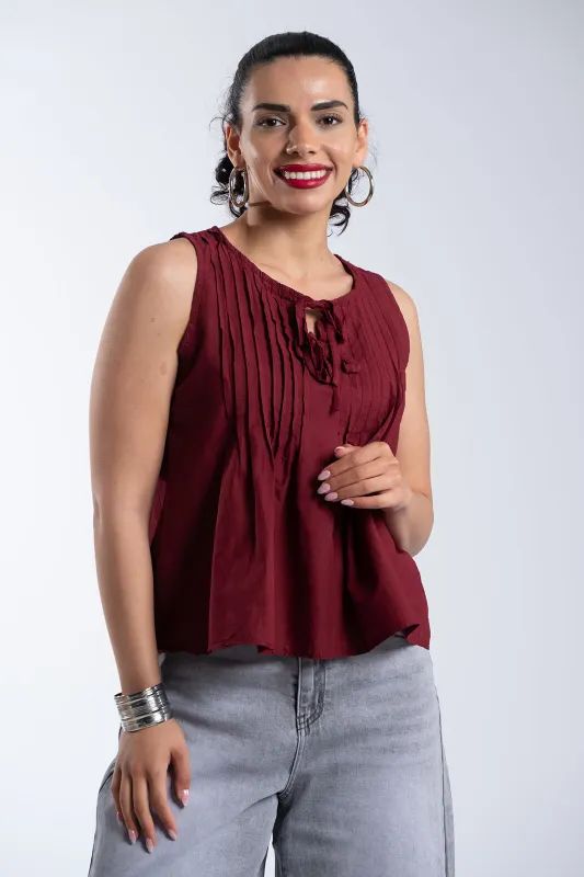 Sleeveless Cotton Blouse Bow Details 