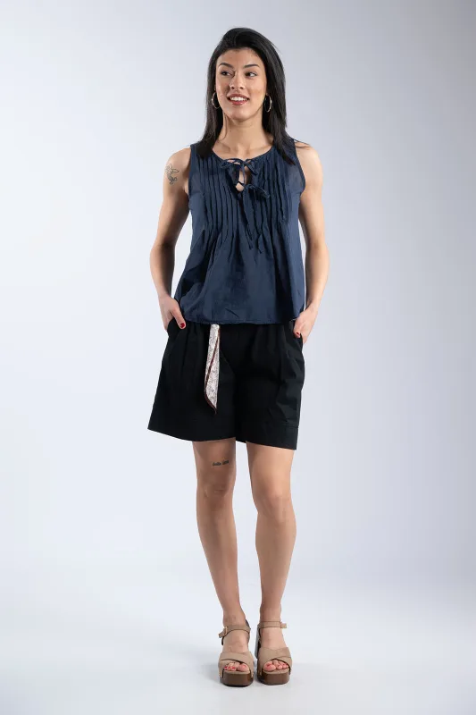 Sleeveless Cotton Blouse Bow Details 