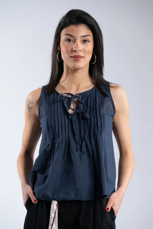 Sleeveless Cotton Blouse Bow Details 