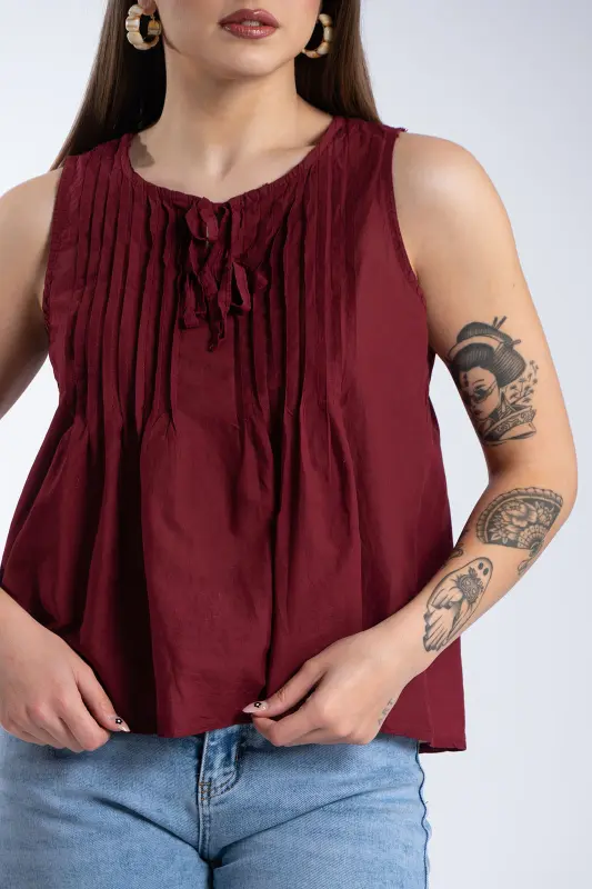Sleeveless Cotton Blouse Bow Details 
