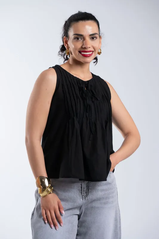 Sleeveless Cotton Blouse Bow Details 