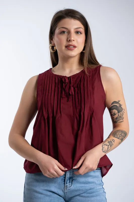 Sleeveless Cotton Blouse Bow Details 