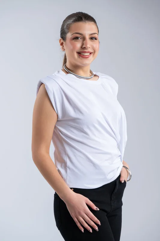 Solid-Color Sleeveless Shoulder-Pad T-Shirt 