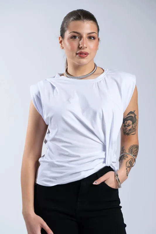 Solid-Color Sleeveless Shoulder-Pad T-Shirt 