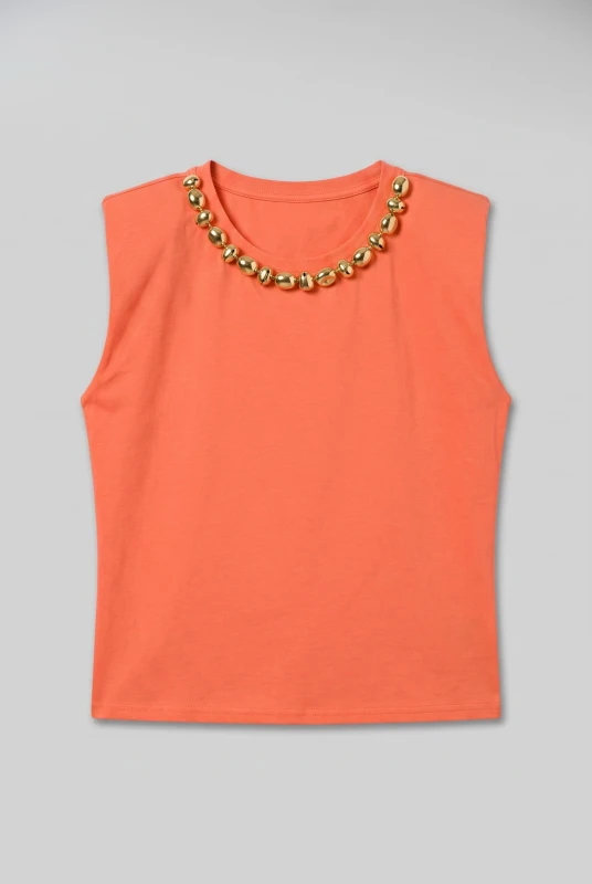 Blouse Sleeveless Shoulder-pads Beads 