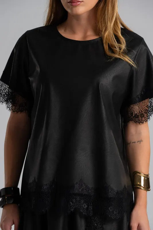 Μπλούζα Δερματίνη Διακοσμητική Δαντέλα