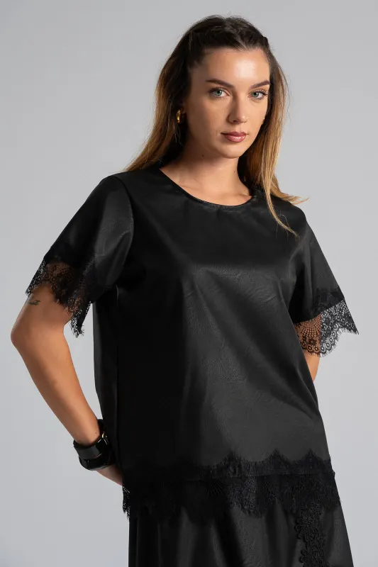 Μπλούζα Δερματίνη Διακοσμητική Δαντέλα