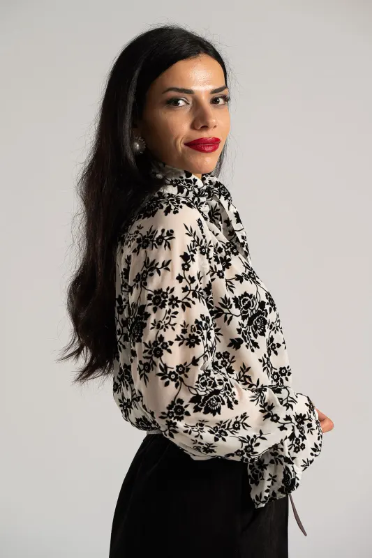 Floral Pattern Tie Blouse