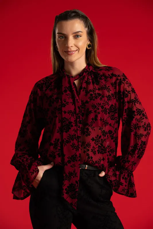 Floral Pattern Tie Blouse